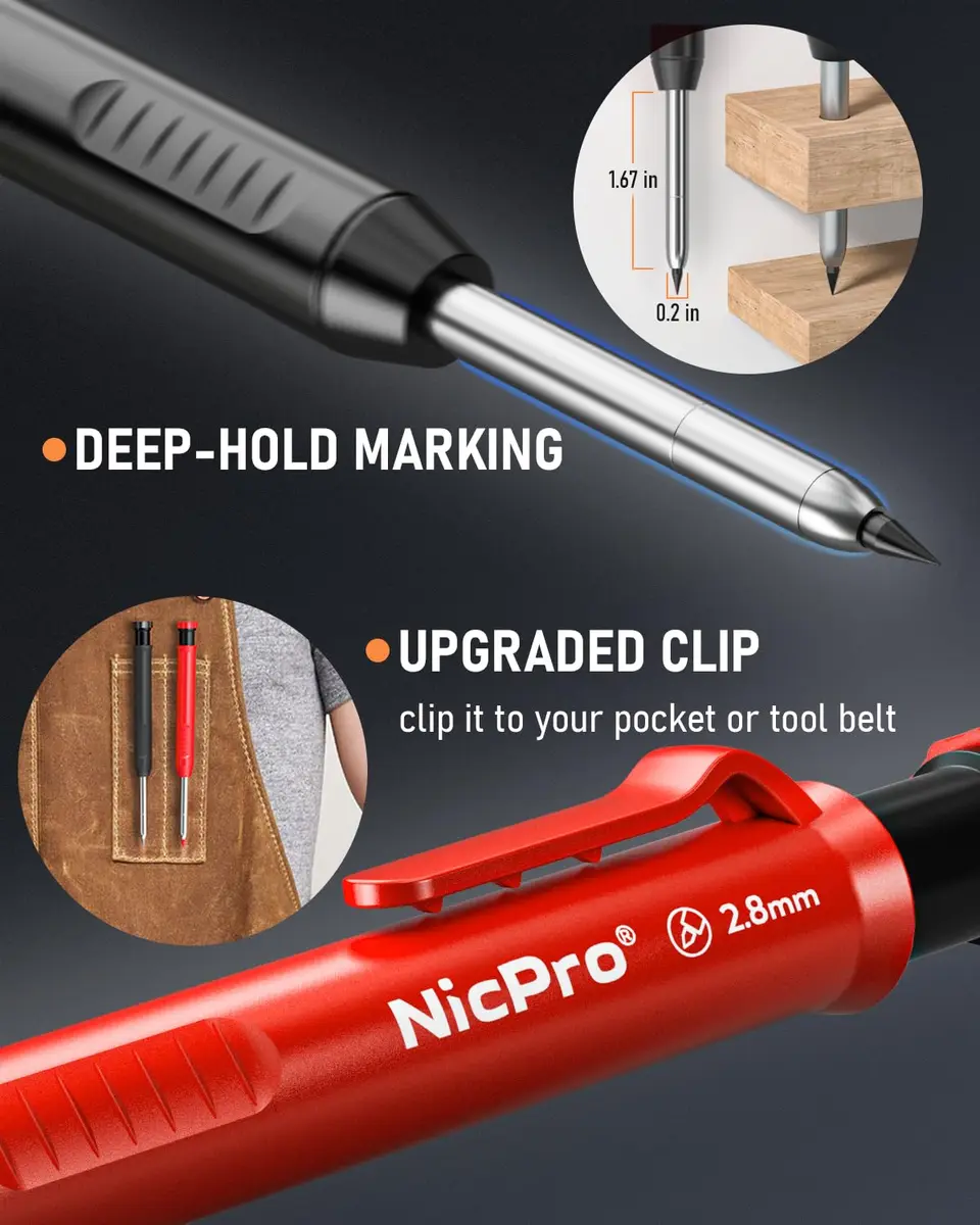 Nicpro 5 Pack Carpenter Pencils with Sharpener | 2.8mm Refills, Durable Metal & ABS Construction, Portable for Outdoor & Indoor Use - view 4