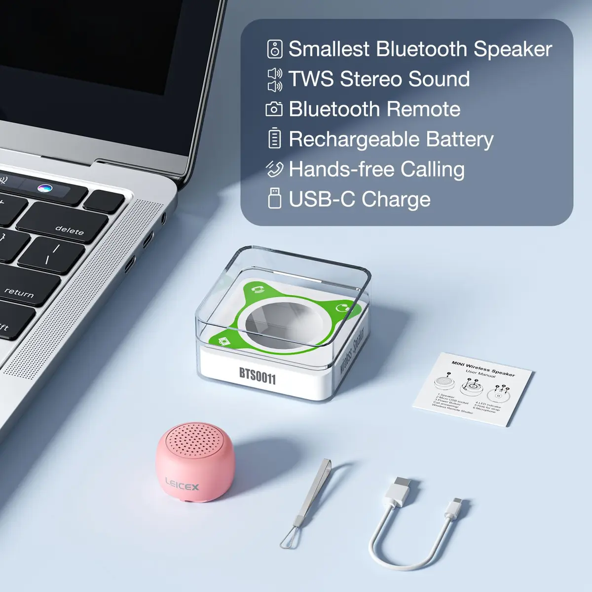 LEICEX Mini Wireless Bluetooth Speaker with Bluetooth 5.0 - Pink | Tiny 21g (0.74 oz) Portable Coin-Sized Sound - view 6