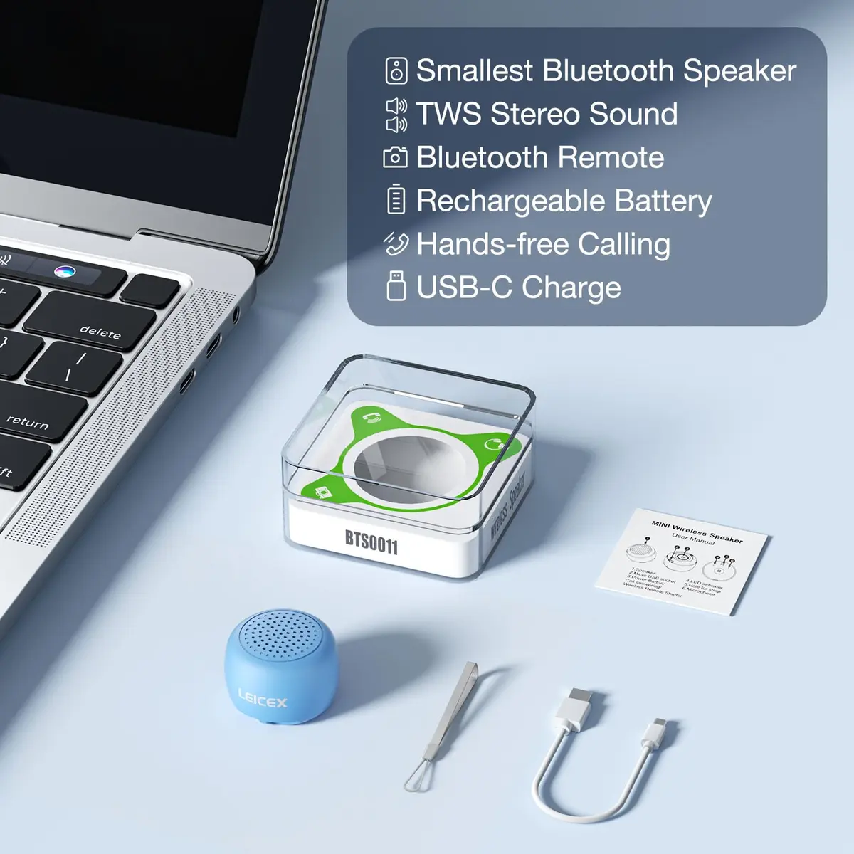 LEICEX Tiny Travel Bluetooth Speaker | Ultra-Portable Mini Speaker with Lanyard & USB-C, 4-Hour Playtime - view 6