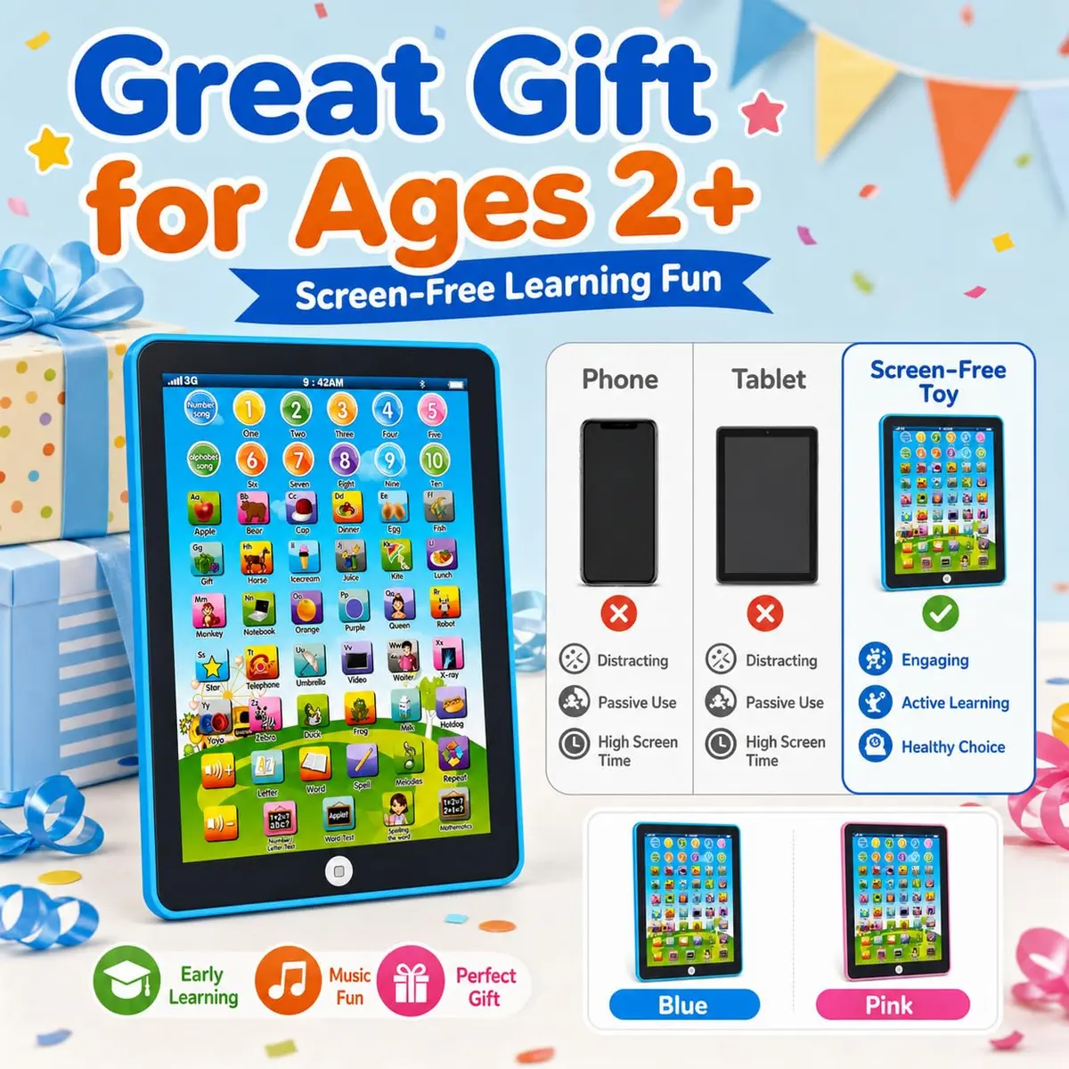 STOULKD Toddler Learning Tablet for Ages 2-4 | Screen-Free ABC Numbers Words Music - view 7