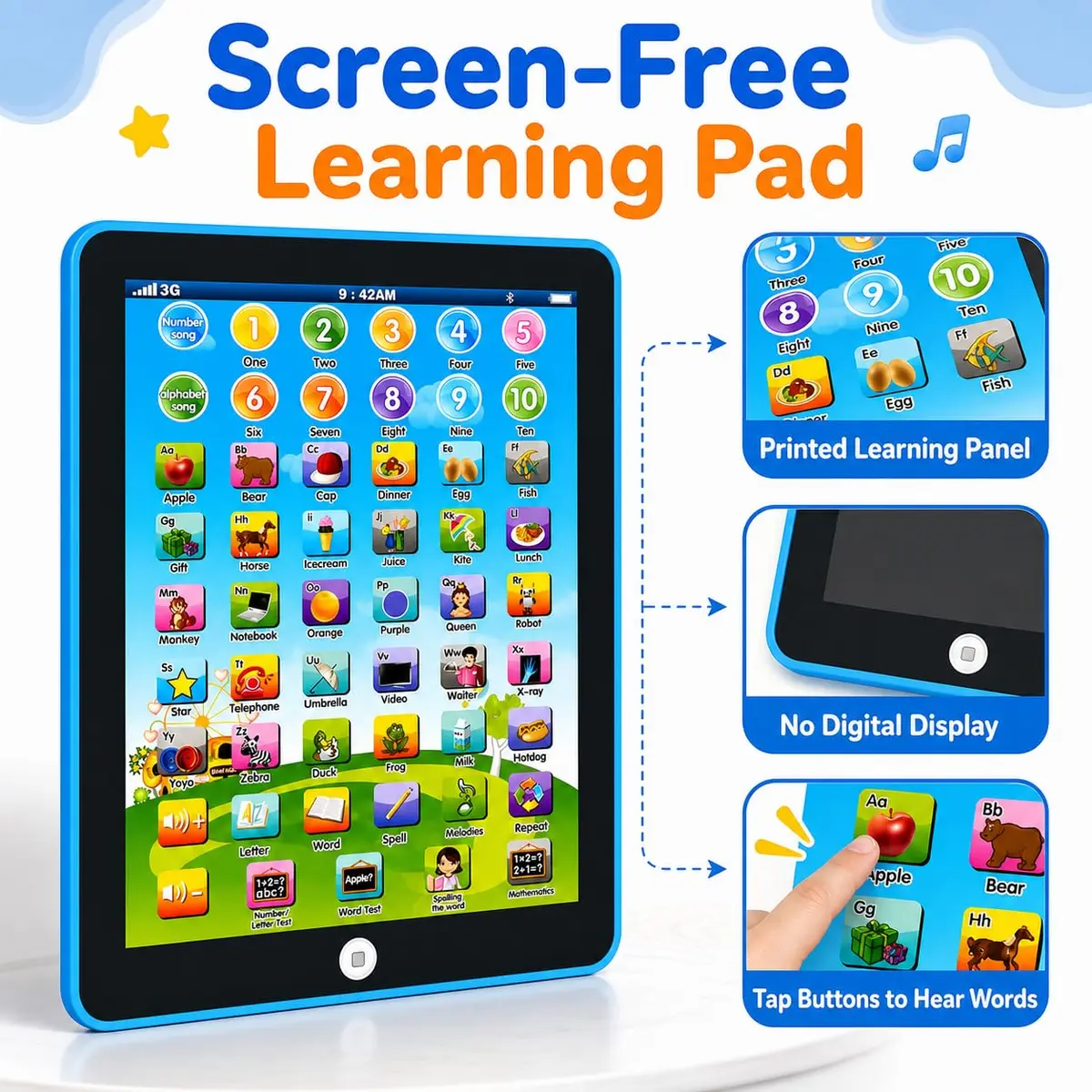 STOULKD Toddler Learning Tablet for Ages 2-4 | Screen-Free ABC Numbers Words Music - view 3