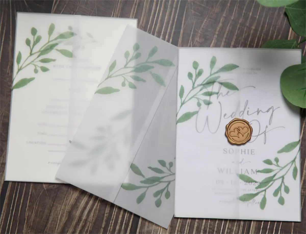 Puremigo 50 Pack Eucalyptus Greenery Printed Pre-Folded Vellum Jackets for 5x7 Invitations - 115GSM Vellum Paper - main product image