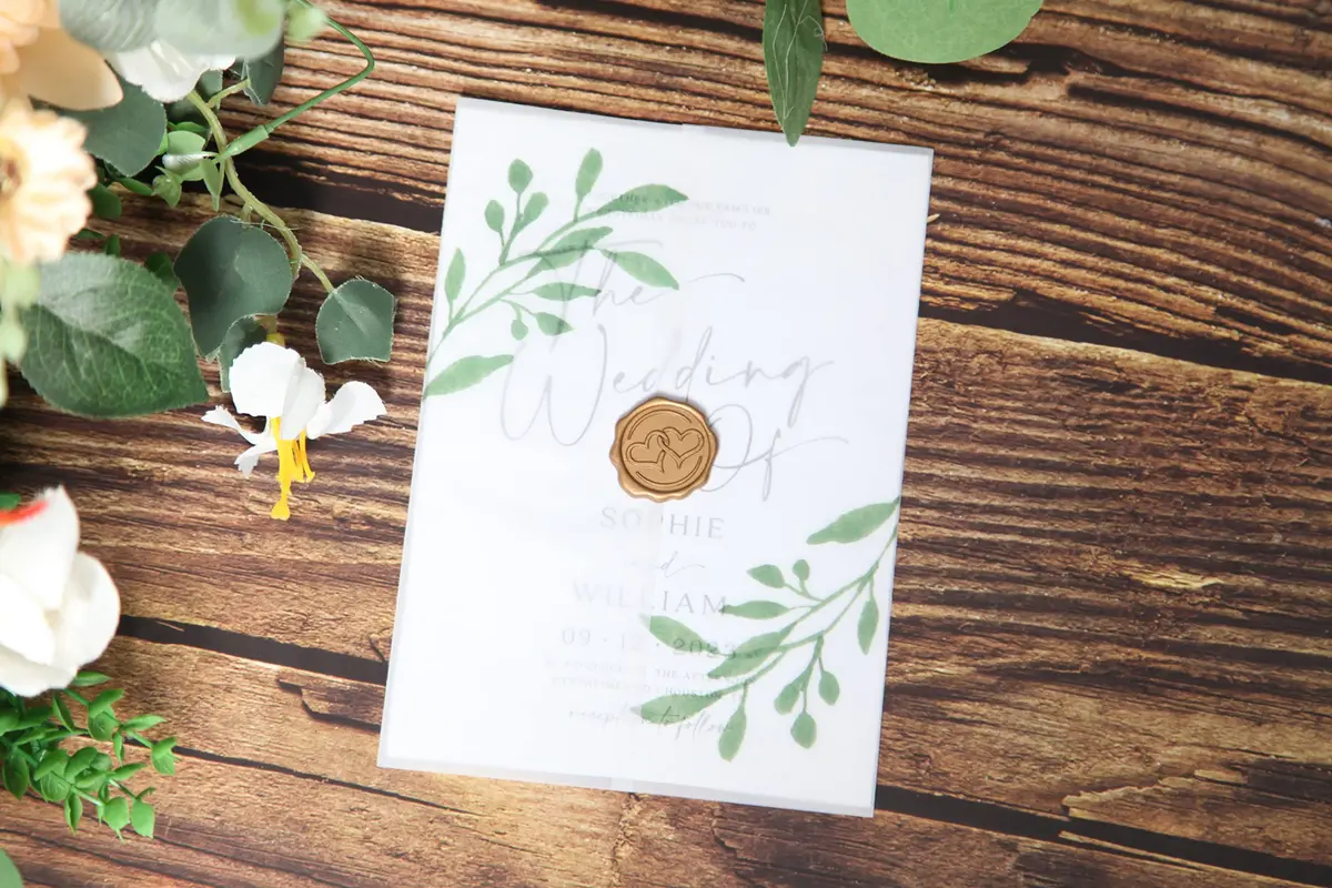 Puremigo 50 Pack Eucalyptus Greenery Printed Pre-Folded Vellum Jackets for 5x7 Invitations - 115GSM Vellum Paper - view 5
