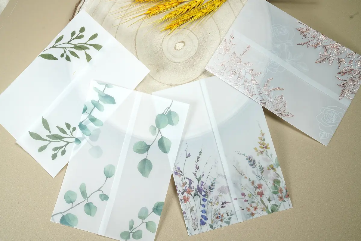Puremigo 50 Pack Eucalyptus Greenery Printed Pre-Folded Vellum Jackets for 5x7 Invitations - 115GSM Vellum Paper - view 6