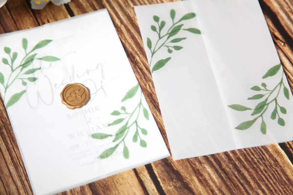 Puremigo 50 Pack Eucalyptus Greenery Printed Pre-Folded Vellum Jackets for 5x7 Invitations - 115GSM Vellum Paper - view 2