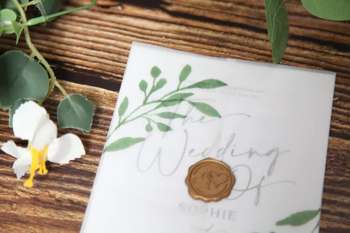 Puremigo 50 Pack Eucalyptus Greenery Printed Pre-Folded Vellum Jackets for 5x7 Invitations - 115GSM Vellum Paper - view 3