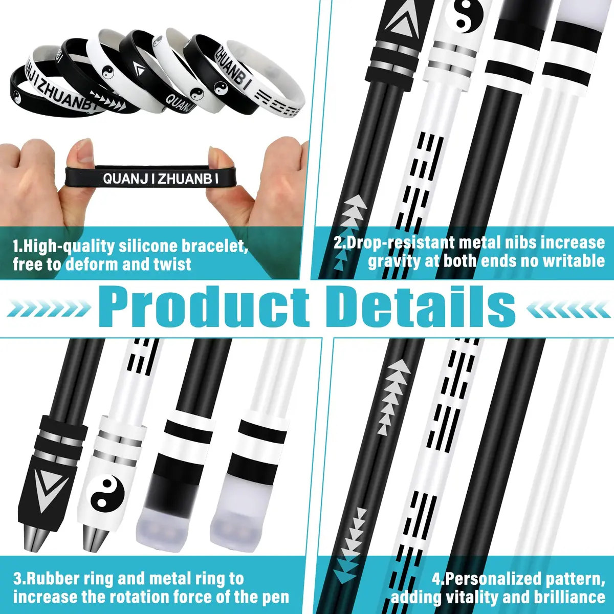 Geyee Spinning Pen with Silicone Bracelet Set | 21.5 cm (8.5 inches) Length, 4 Pens + 8 Bracelets - view 3