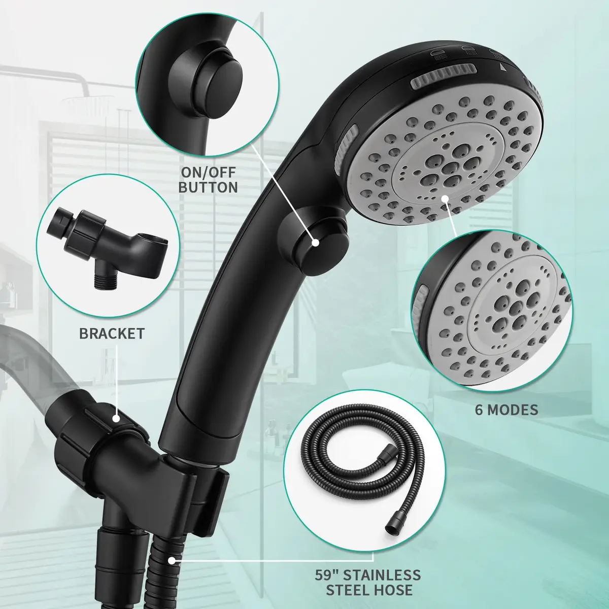DOILIESE Matte Black High Pressure 6-Setting Shower Head with Handheld & Pause Switch, 15.2 cm (6 Inch) | Spa Spray & Rain Settings - view 5