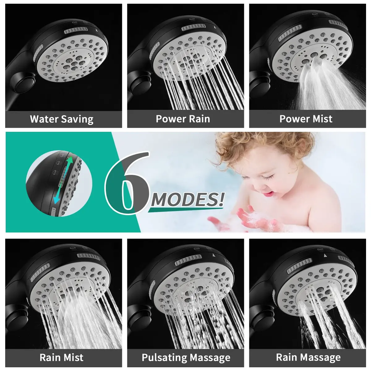 DOILIESE Matte Black High Pressure 6-Setting Shower Head with Handheld & Pause Switch, 15.2 cm (6 Inch) | Spa Spray & Rain Settings - view 2