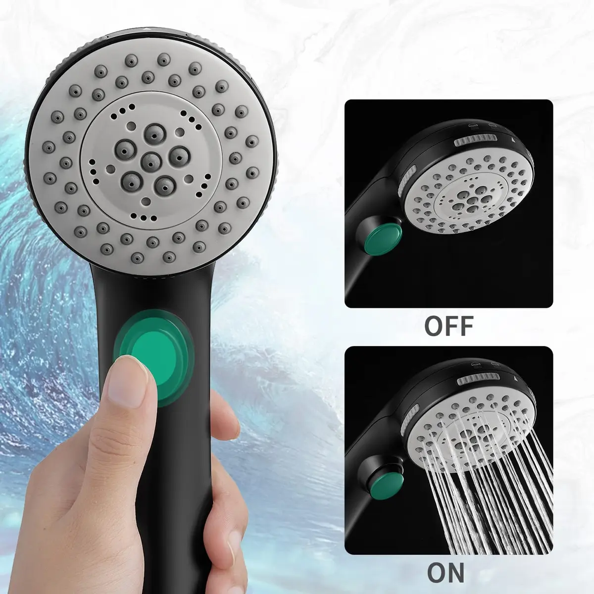 DOILIESE Matte Black High Pressure 6-Setting Shower Head with Handheld & Pause Switch, 15.2 cm (6 Inch) | Spa Spray & Rain Settings - view 3