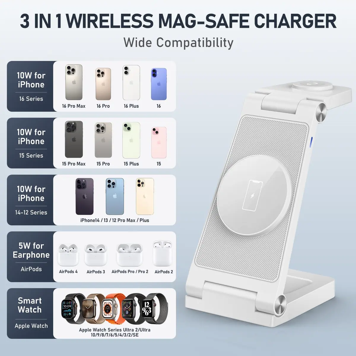 GEJIUCAI Magnetic Wireless Charger Stand 3 in 1 Foldable 20W | Fast MagSafe Charging Station for iPhone, iWatch, AirPods - view 5