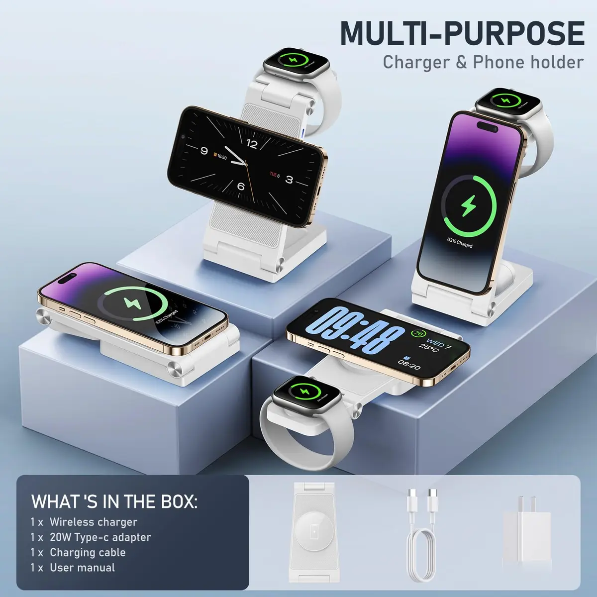 GEJIUCAI Magnetic Wireless Charger Stand 3 in 1 Foldable 20W | Fast MagSafe Charging Station for iPhone, iWatch, AirPods - view 2