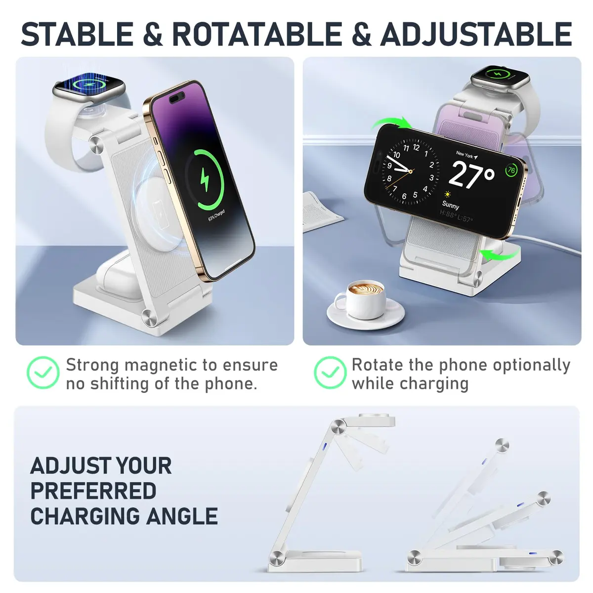 GEJIUCAI Magnetic Wireless Charger Stand 3 in 1 Foldable 20W | Fast MagSafe Charging Station for iPhone, iWatch, AirPods - view 4