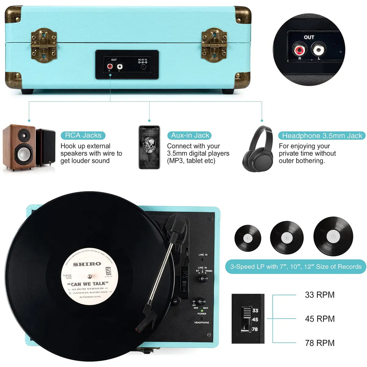 Retrolife Record Player,3-Speed Bluetooth Suitcase Vinyl Player-Blue | Portable Vintage Turntable with Bluetooth Streaming - view 5