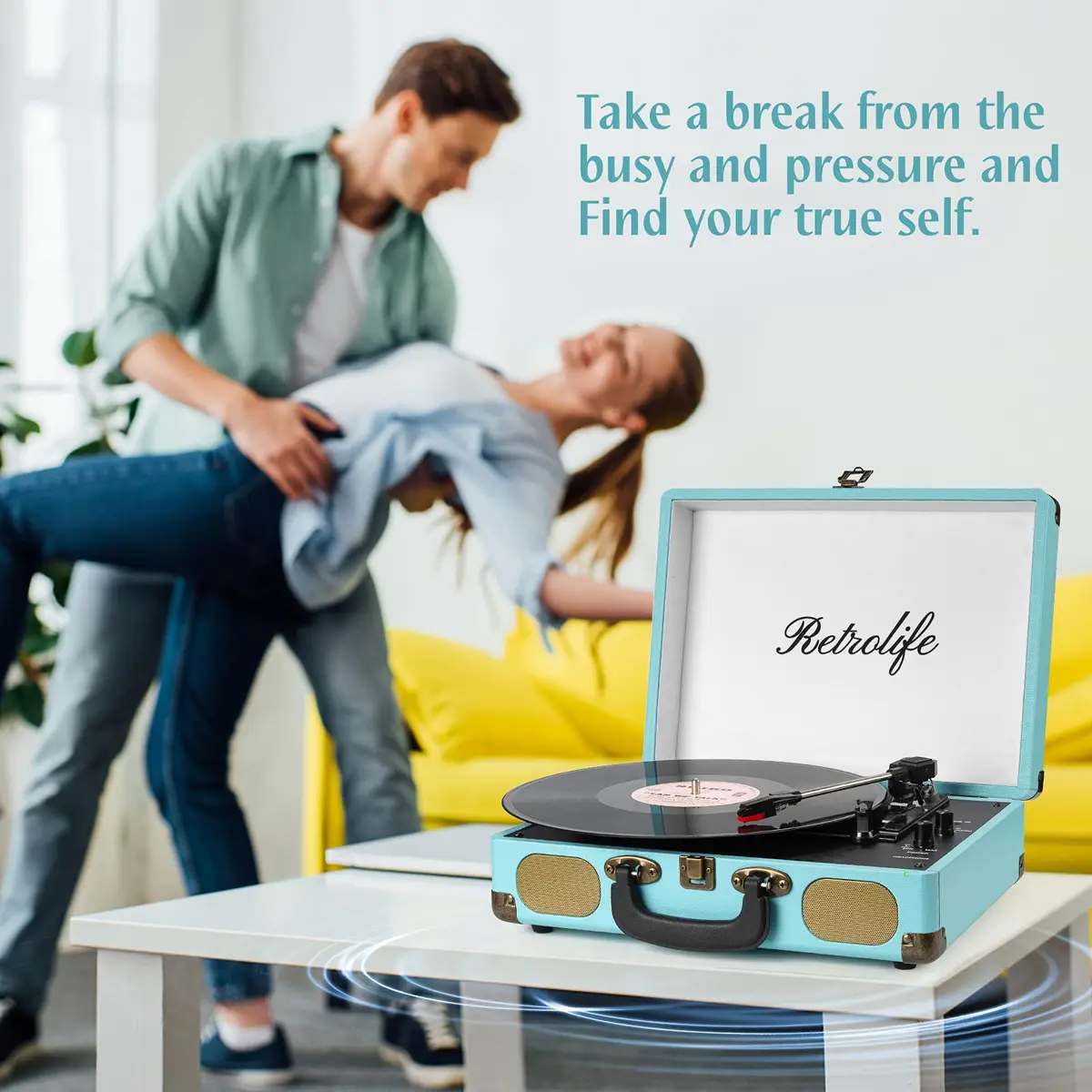 Retrolife Record Player,3-Speed Bluetooth Suitcase Vinyl Player-Blue | Portable Vintage Turntable with Bluetooth Streaming - view 6
