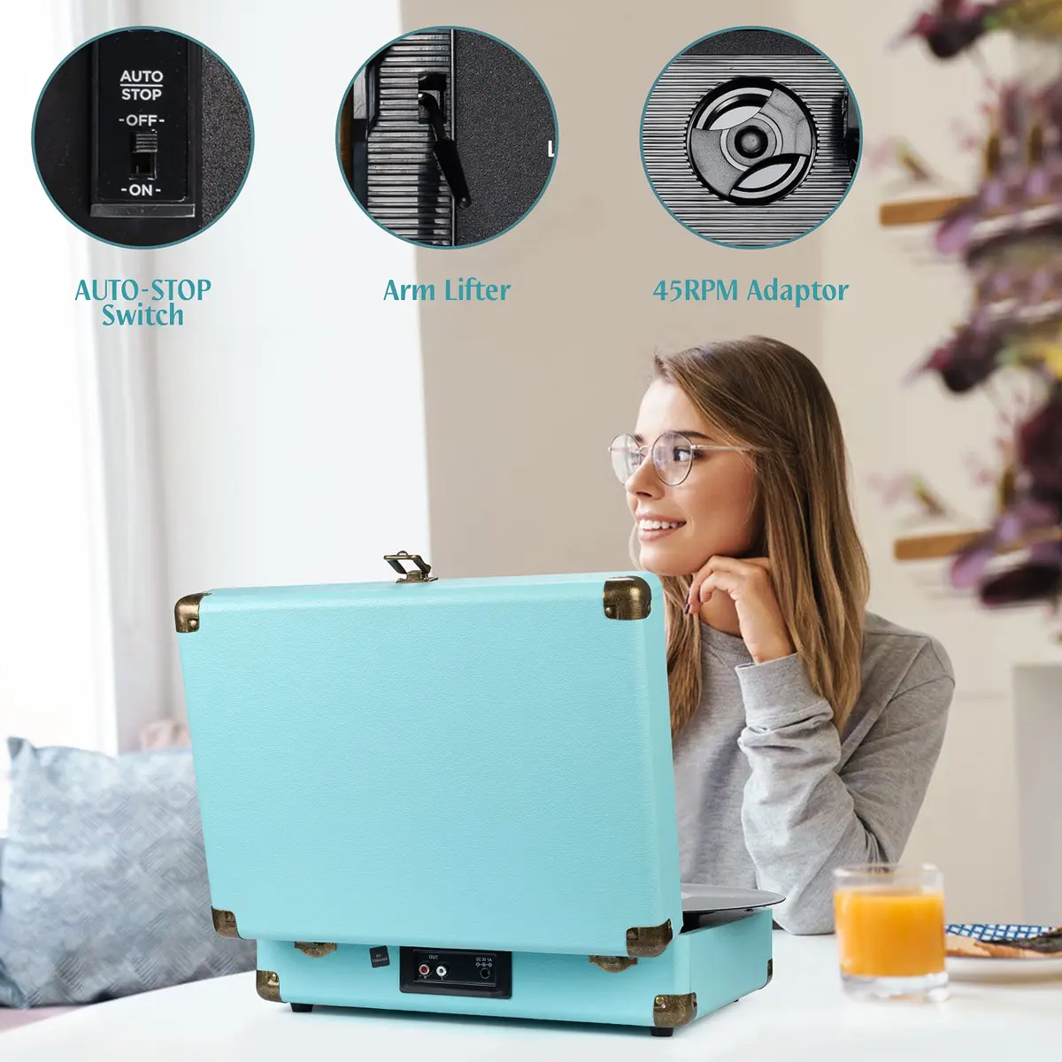 Retrolife Record Player,3-Speed Bluetooth Suitcase Vinyl Player-Blue | Portable Vintage Turntable with Bluetooth Streaming - view 3