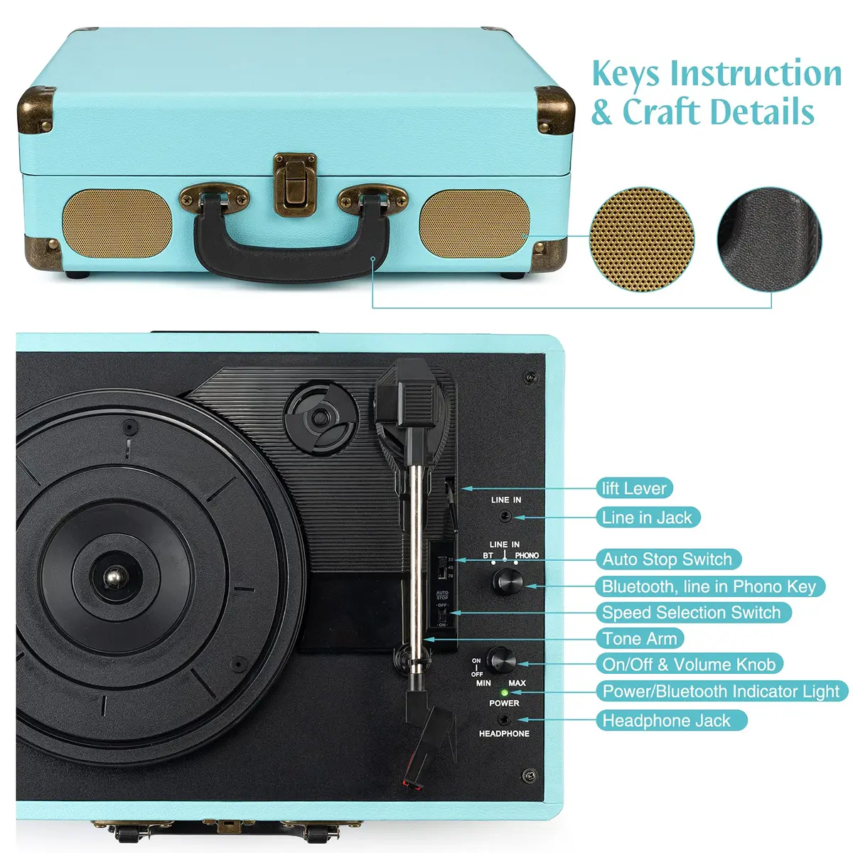 Retrolife Record Player,3-Speed Bluetooth Suitcase Vinyl Player-Blue | Portable Vintage Turntable with Bluetooth Streaming - view 4