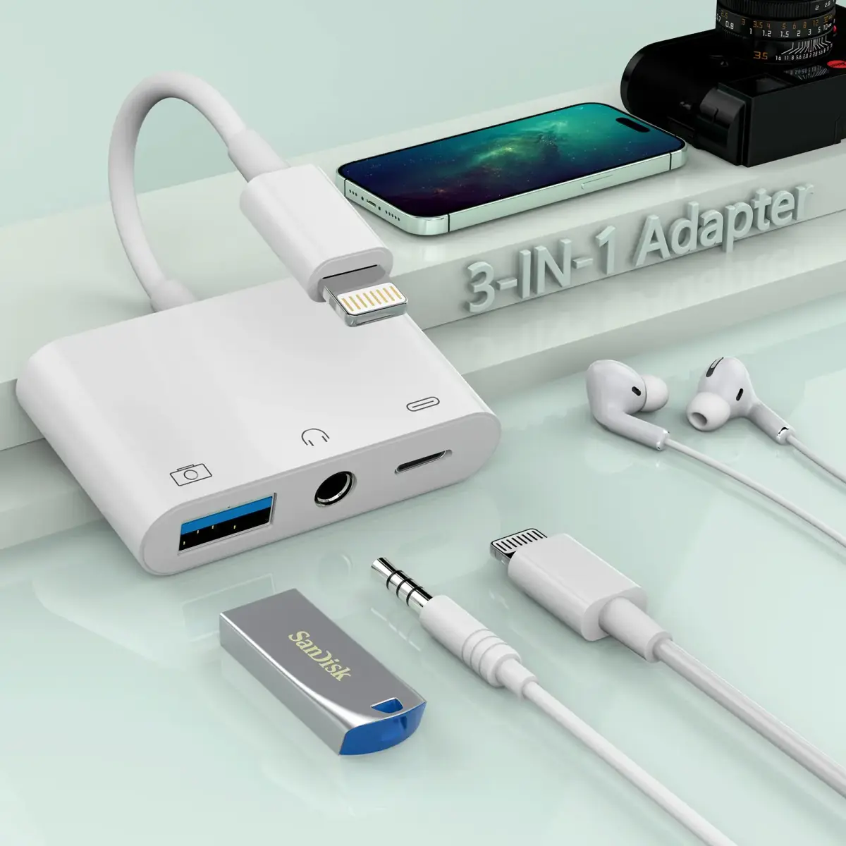 MTAKYA 3-in-1 Lightning USB Auxiliary Adapter with 3.5mm Jack & Charging Port | MFi Certified - main product image