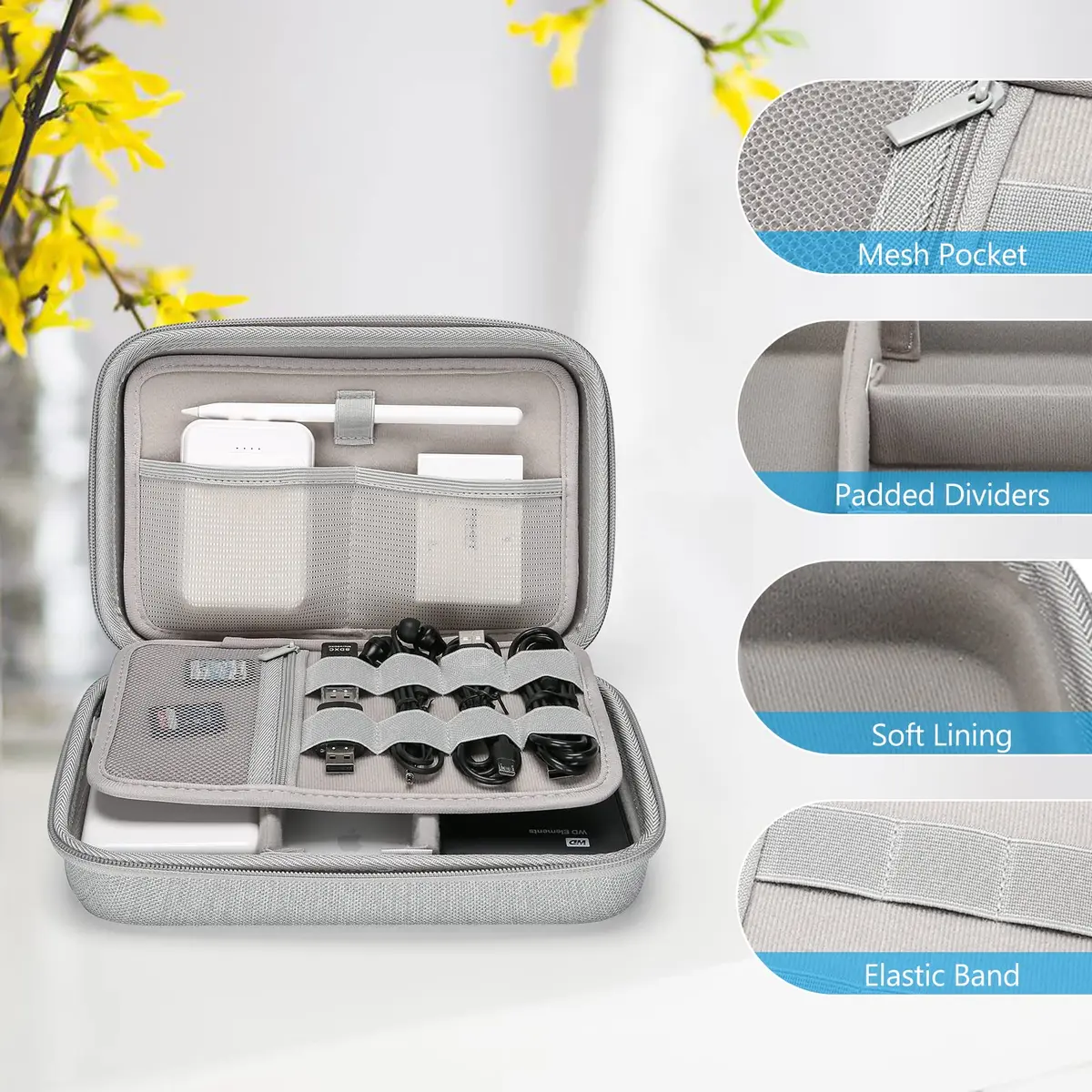 ProCase Hard Travel Electronic Organizer Case for MacBook Power Adapter Chargers Cables Power Bank Apple Magic Mouse Apple Pencil USB Flash Disk SD Card Small Portable Accessories Bag -Grey, L | Tech Gear Storage Solution - view 5