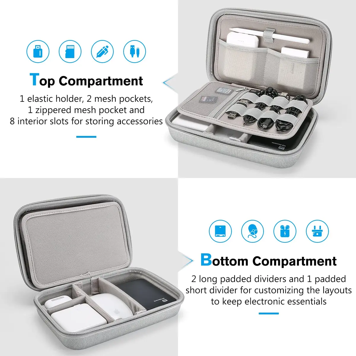 ProCase Hard Travel Electronic Organizer Case for MacBook Power Adapter Chargers Cables Power Bank Apple Magic Mouse Apple Pencil USB Flash Disk SD Card Small Portable Accessories Bag -Grey, L | Tech Gear Storage Solution - view 3