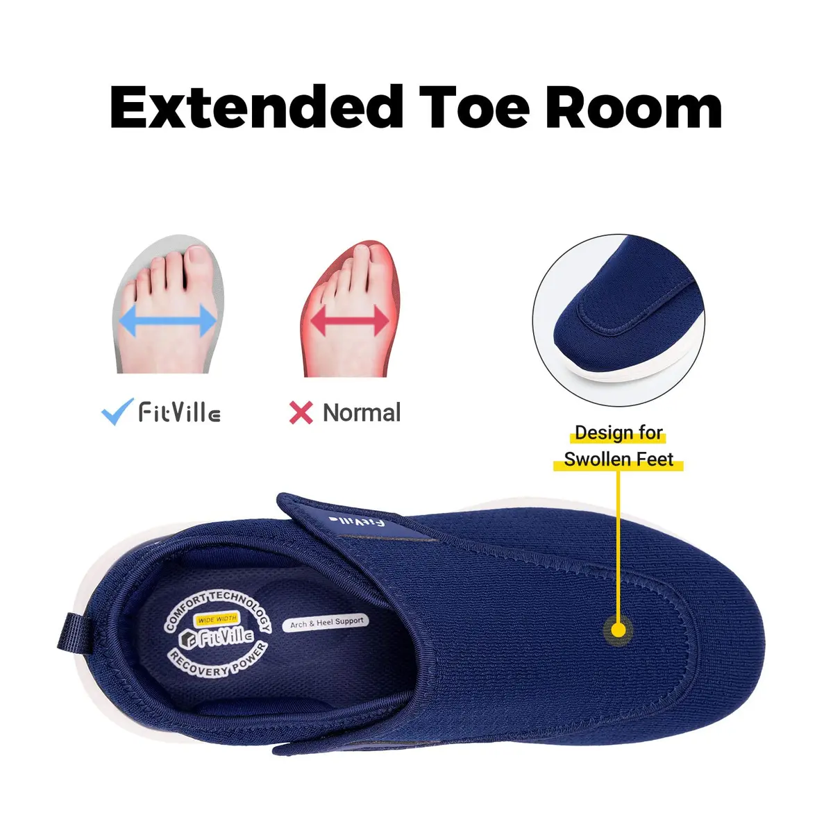 FitVille Diabetic Shoes for Men Extra Wide Navy Blue | Support for Swollen Feet & Elderly Comfort - view 2