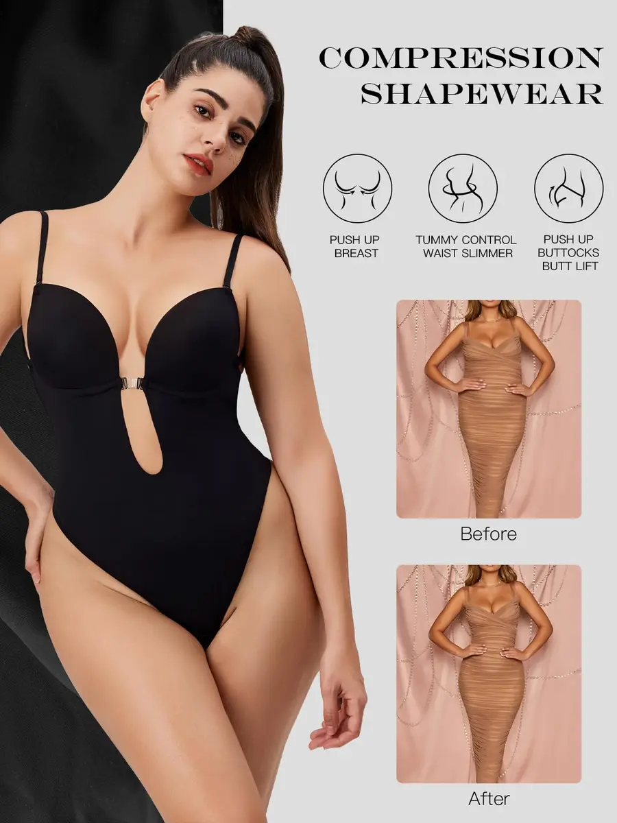 Decorus Backless Bodysuit Strapless Low-Back Thong Body-shaper for Women | Seamless Wedding Bodysuit with Built-in Bra (70-120 chars) - view 3