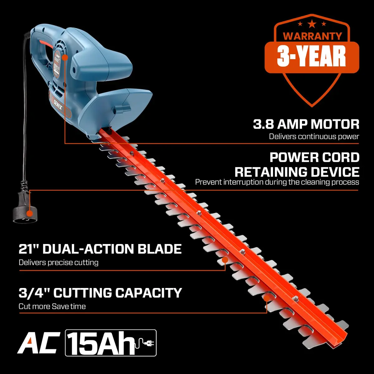 SENIX HTE3.8-L 21-Inch 120V Electric Hedge Trimmer | Precise 3/4" Cut, Alloy Steel Blades, Lightweight & Durable - view 6
