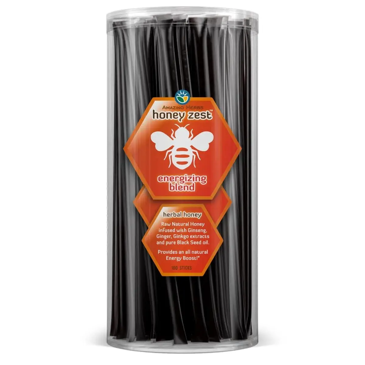 Amazing Herbs HoneyZest Honey Sticks with Black Seed Oil, Ginseng & Ginger - 100 Count (100 Sticks) | Natural Antioxidant Boost - main product image