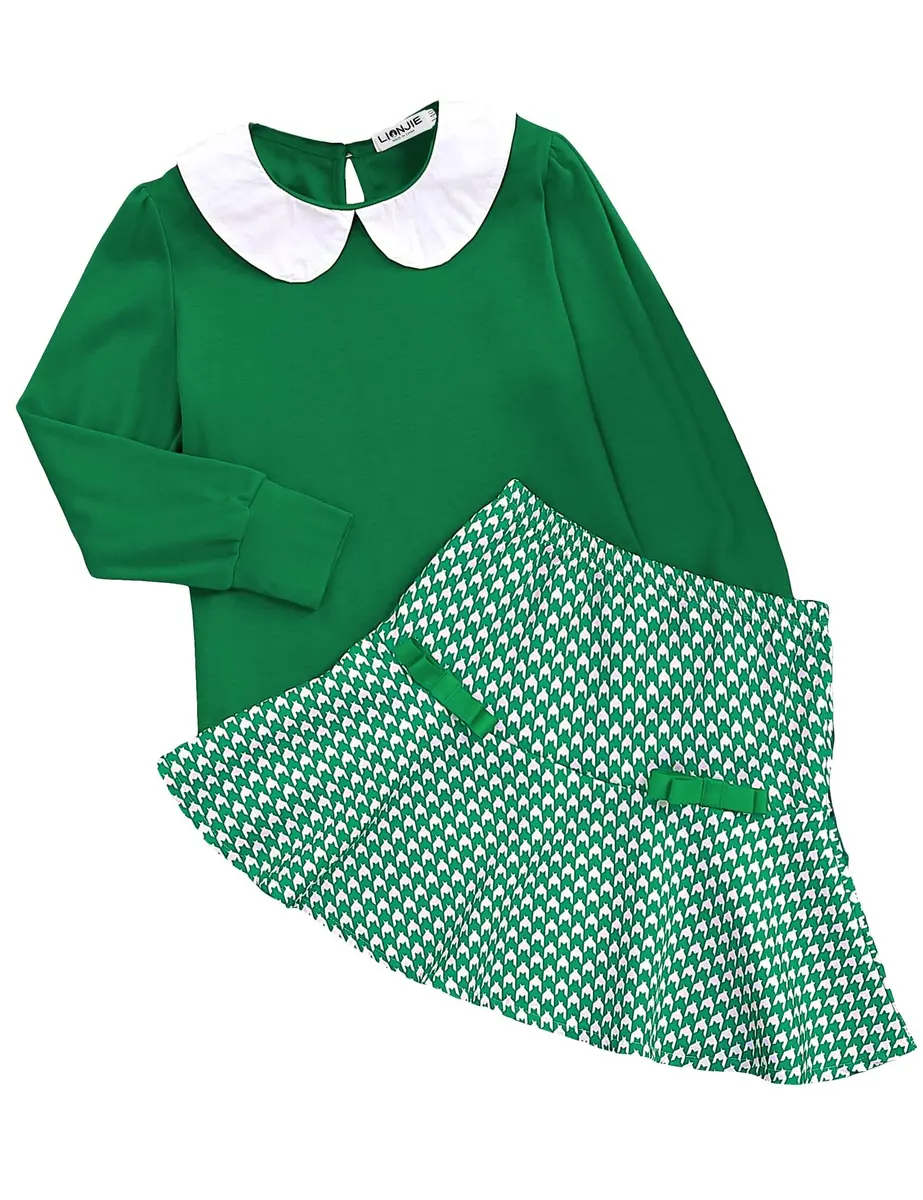 LIONJIE Toddler Girl Outfit Set | Fall & Spring Clothes for 3-4Y | Long Sleeve Tops & Houndstooth Skirt - main product image