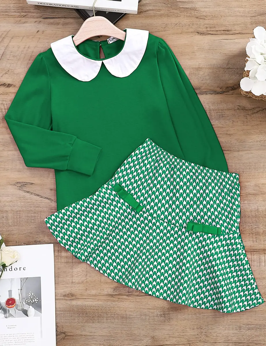 LIONJIE Toddler Girl Outfit Set | Fall & Spring Clothes for 3-4Y | Long Sleeve Tops & Houndstooth Skirt - view 6