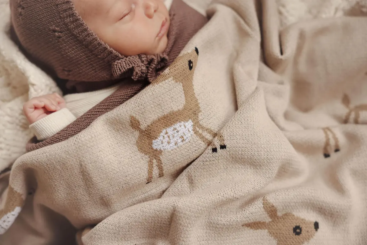 Bleu La La Knit Baby Swaddle Blanket - 100% Cotton Soft Cozy Receiving Swaddling Blanket for Newborns & Toddlers | Gender Neutral Taupe Deer - view 6