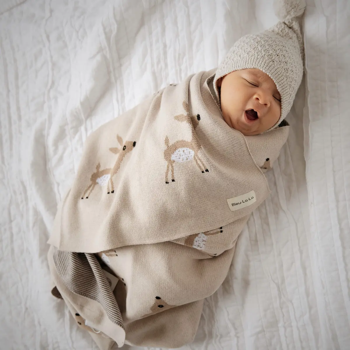 Bleu La La Knit Baby Swaddle Blanket - 100% Cotton Soft Cozy Receiving Swaddling Blanket for Newborns & Toddlers | Gender Neutral Taupe Deer - view 7