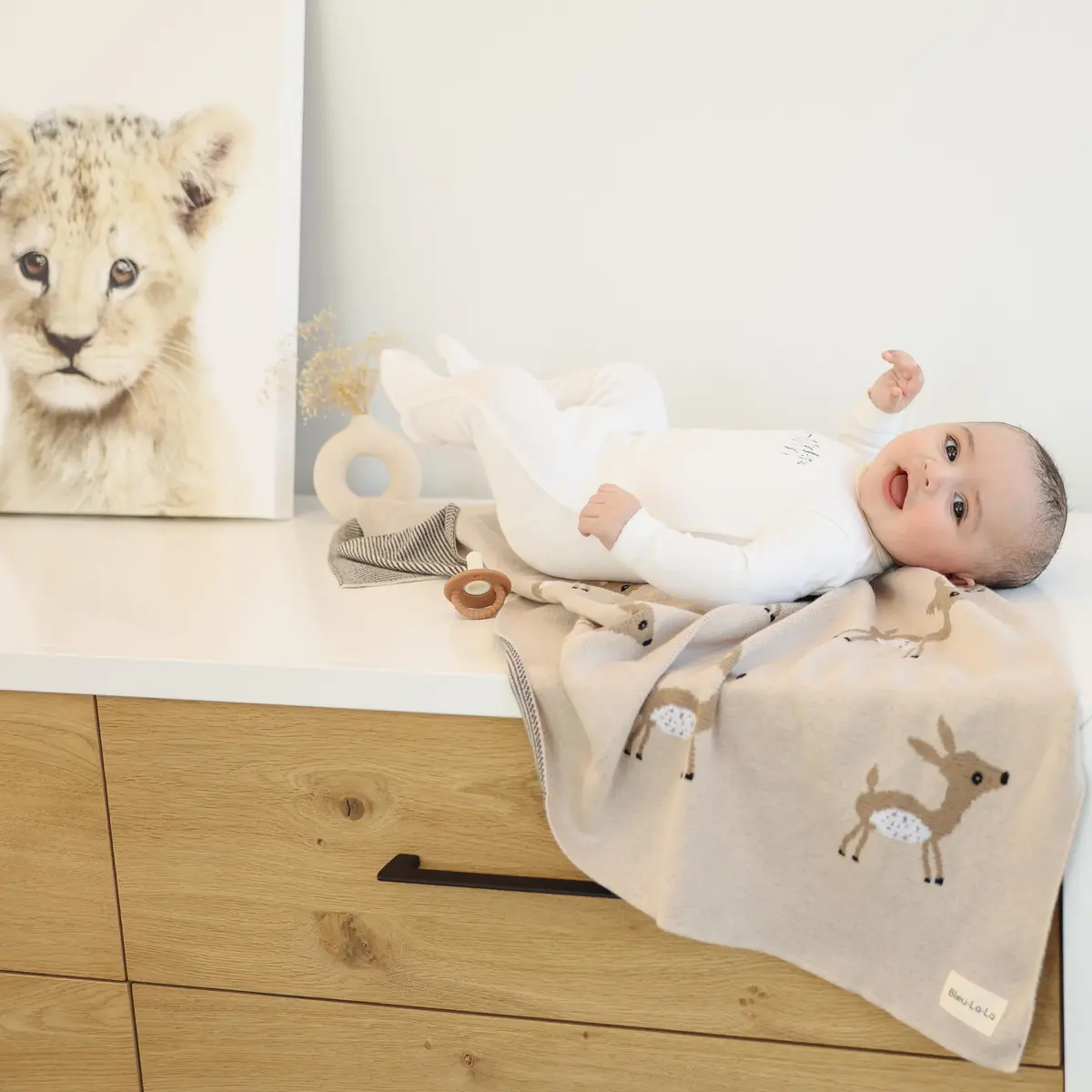 Bleu La La Knit Baby Swaddle Blanket - 100% Cotton Soft Cozy Receiving Swaddling Blanket for Newborns & Toddlers | Gender Neutral Taupe Deer - view 10