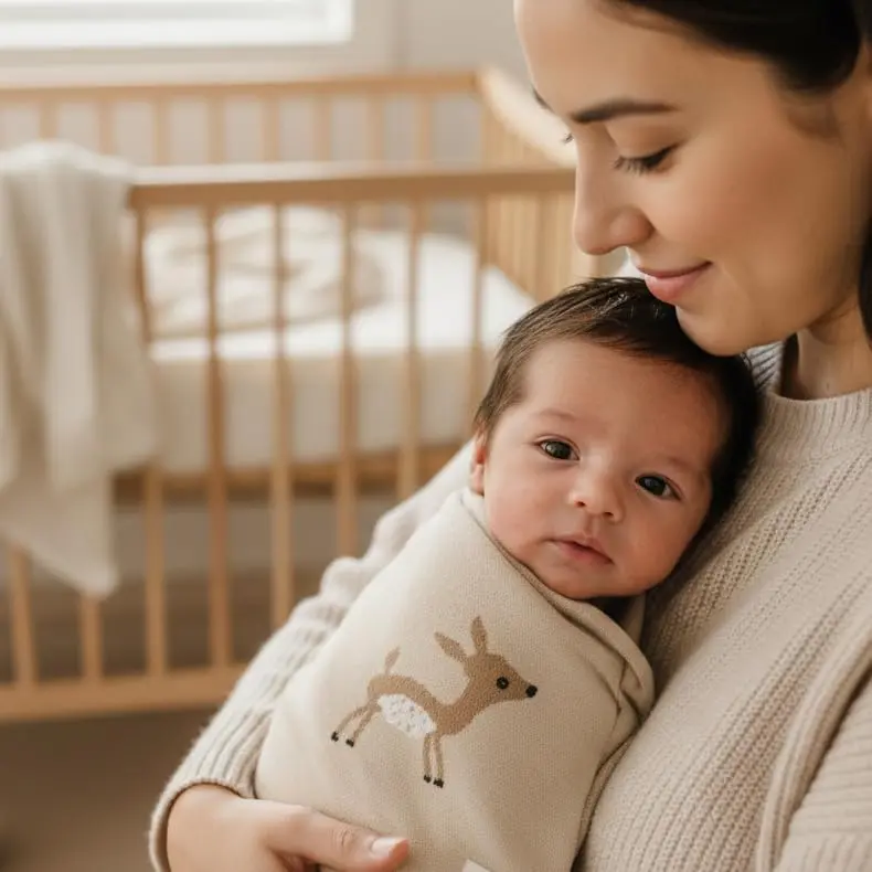 Bleu La La Knit Baby Swaddle Blanket - 100% Cotton Soft Cozy Receiving Swaddling Blanket for Newborns & Toddlers | Gender Neutral Taupe Deer - view 3