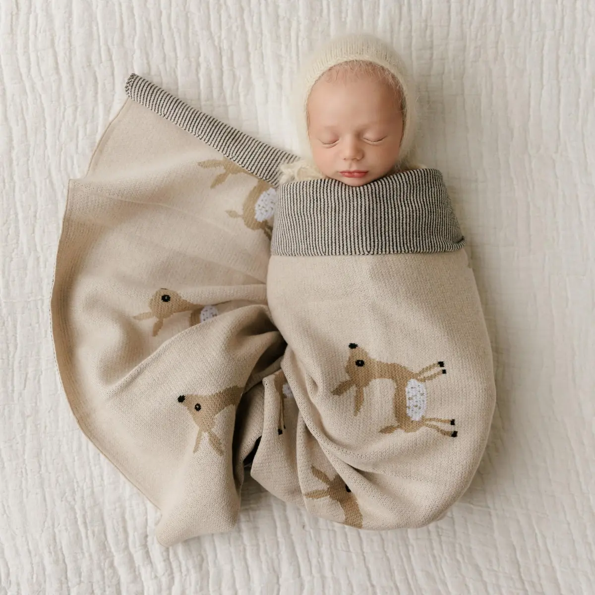 Bleu La La Knit Baby Swaddle Blanket - 100% Cotton Soft Cozy Receiving Swaddling Blanket for Newborns & Toddlers | Gender Neutral Taupe Deer - view 5