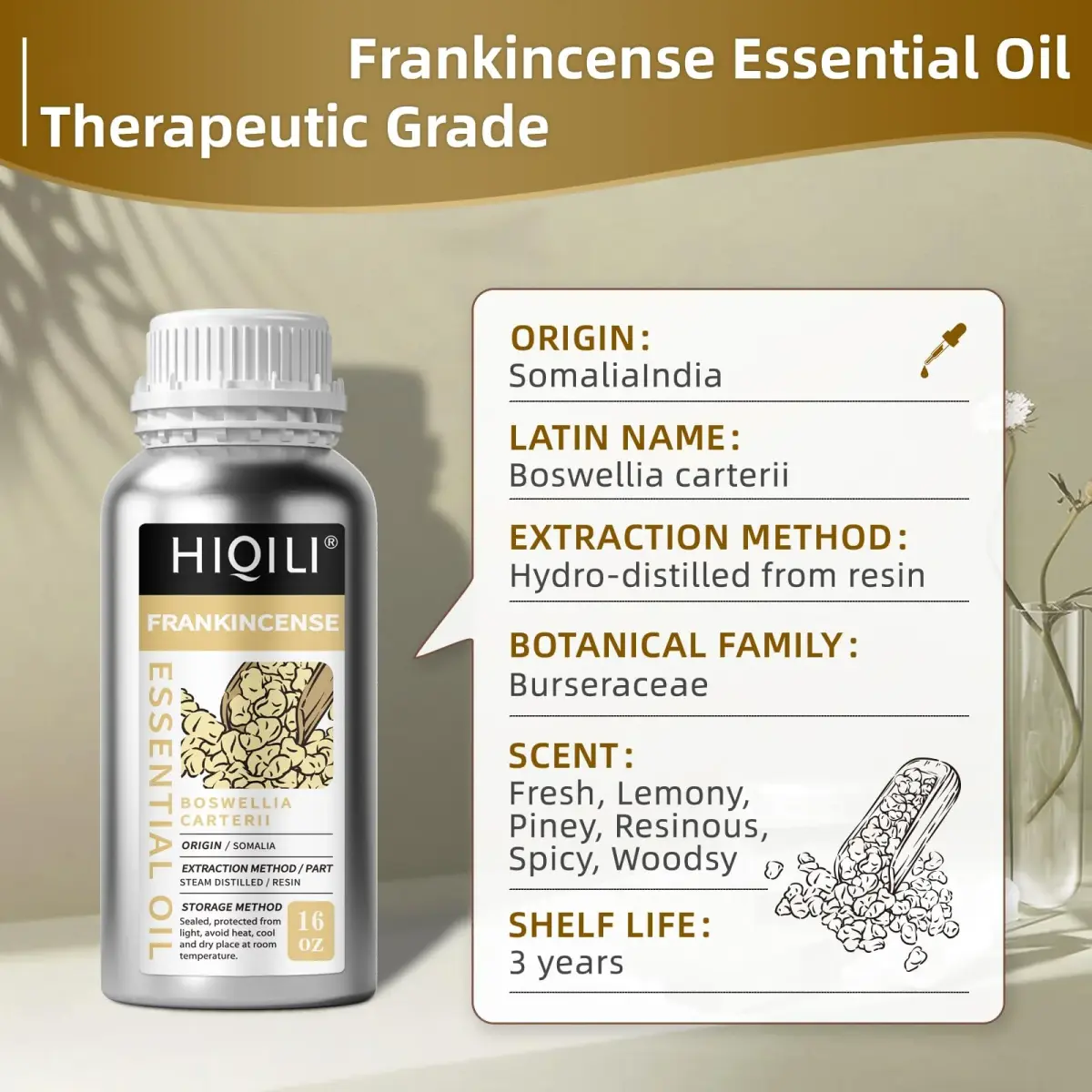 HIQILI Frankincense Essential Oil 16 Fl Oz (473ml) | Pure Steam Distilled for Aromatherapy & Skin Care - view 3