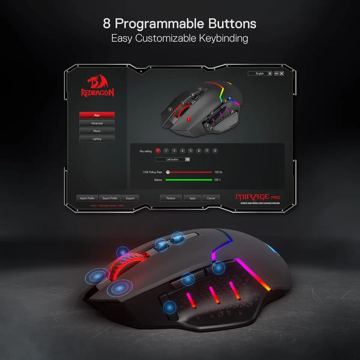 Redragon M690 PRO Wireless RGB Gaming Mouse 8000 DPI | Ergonomic, 8 Macro Buttons, 87H Battery - view 8