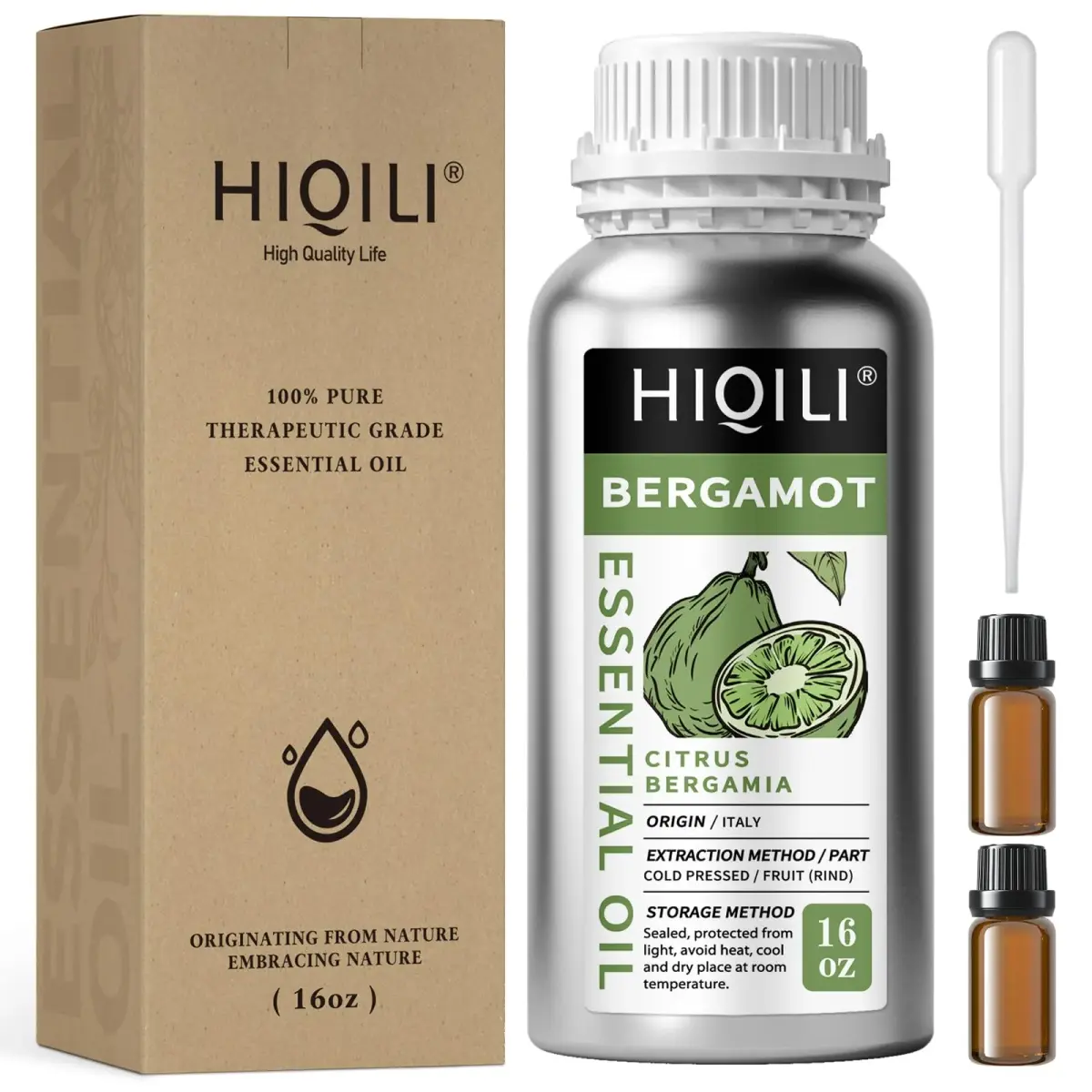 HIQILI Bergamot Essential Oil 16 Fl Oz (500ml) | Pure Italian Citrus for Diffuser, Skin, Hair & DIY - main product image