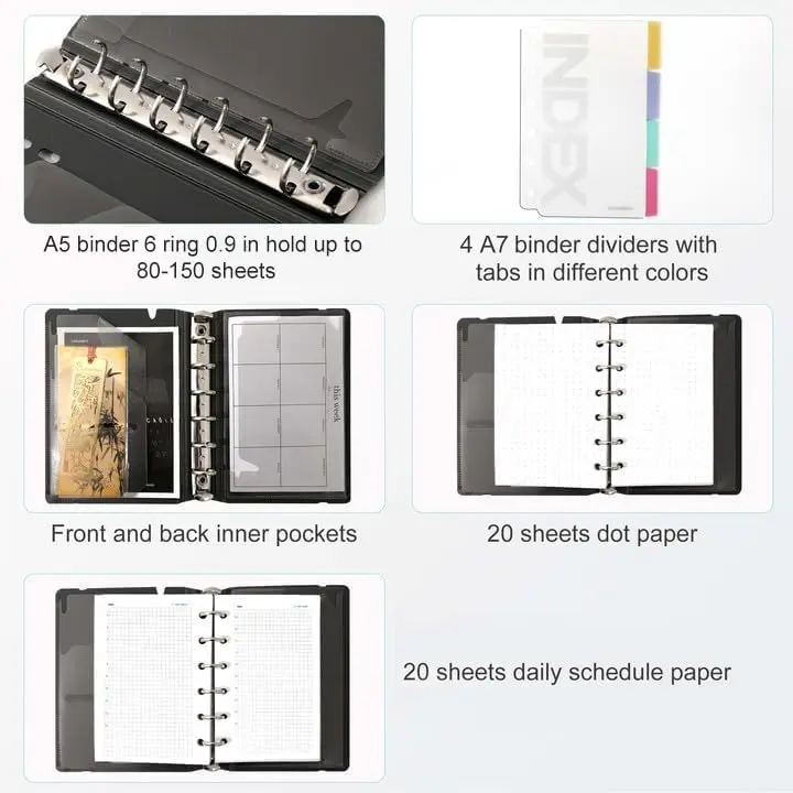 CAGIE A5 Binder 6 Ring Refillable Notebook with Dividers & Pockets | Durable, Refillable, 80 Pages - view 4