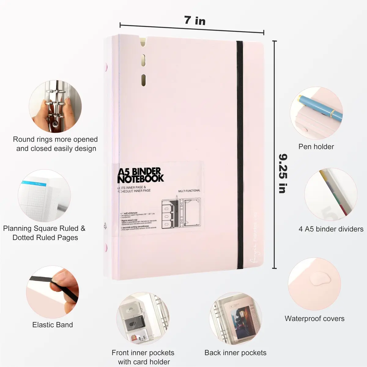CAGIE A5 Binder 6 Ring Refillable Notebook with Dividers & Pockets | Office & School Supplies - view 2