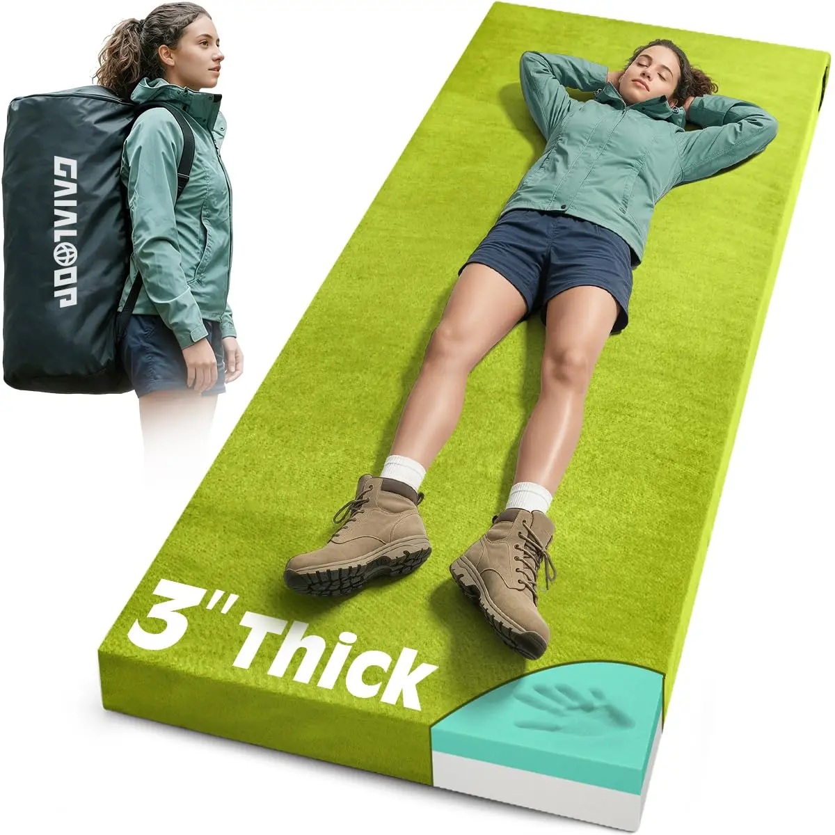 Gaialoop Memory Foam Camping Mattress 3 Inch | Avocado Green Supportive Floor Pad - main product image