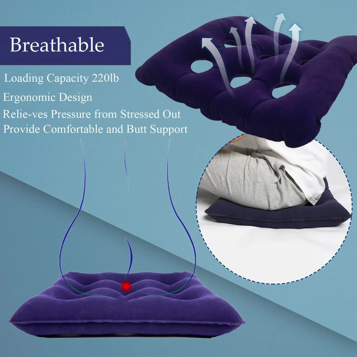 MESINURS Inflatable Bedridden Cushion 48"Lx48"W | Breathable Flocking Nursing Square Pad for Elderly & Disabled - view 3