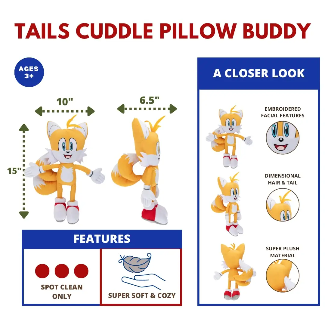 Franco Sonic The Hedgehog Tails Plush Pillow (Official Sega) | Soft Microfiber, 20" - view 3