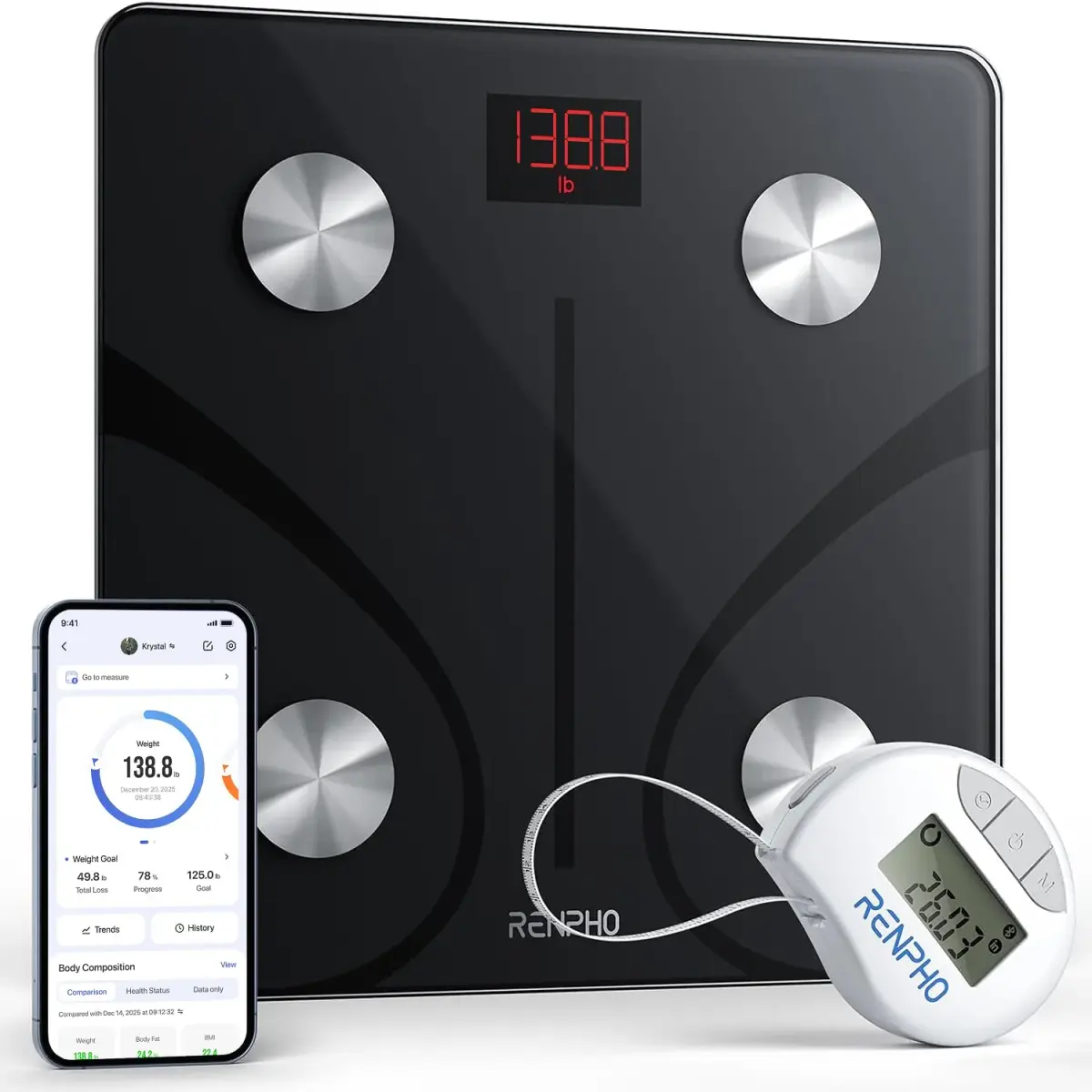 RENPHO Smart Body Fat Scale with Tape Measure 11 inches (280mm) | Accurate BMI & Body Composition Tracking - main product image