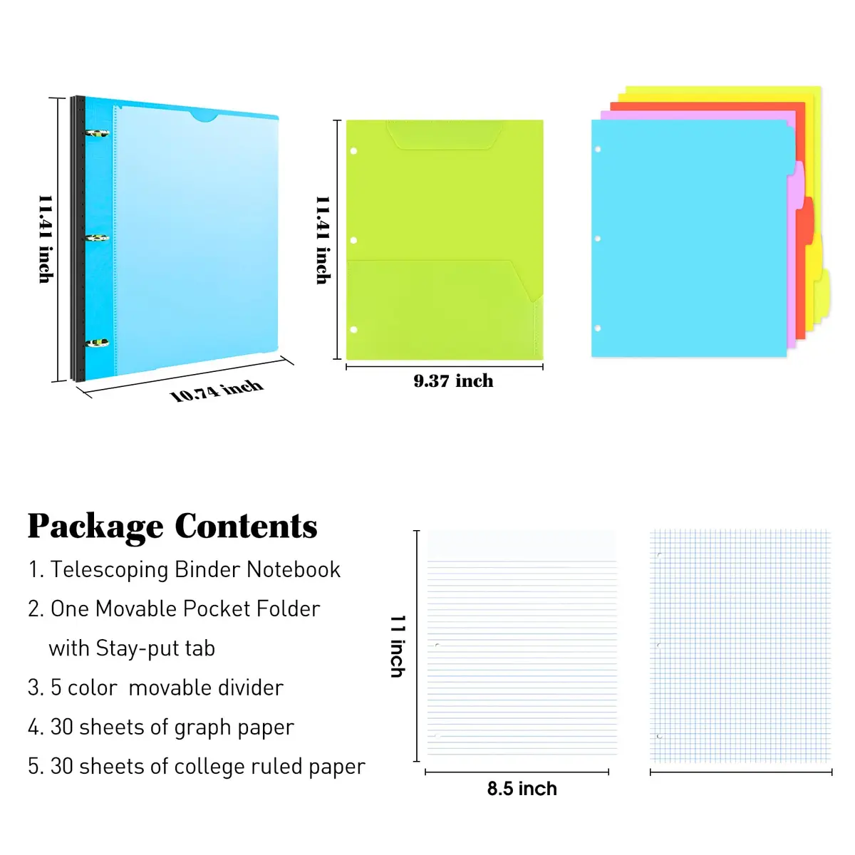 INFUN Telescoping Binder Notebook with 3 Rings, Movable Pocket Folder, Dividers & Paper - Blue (28.98 x 27.23 cm) - view 2