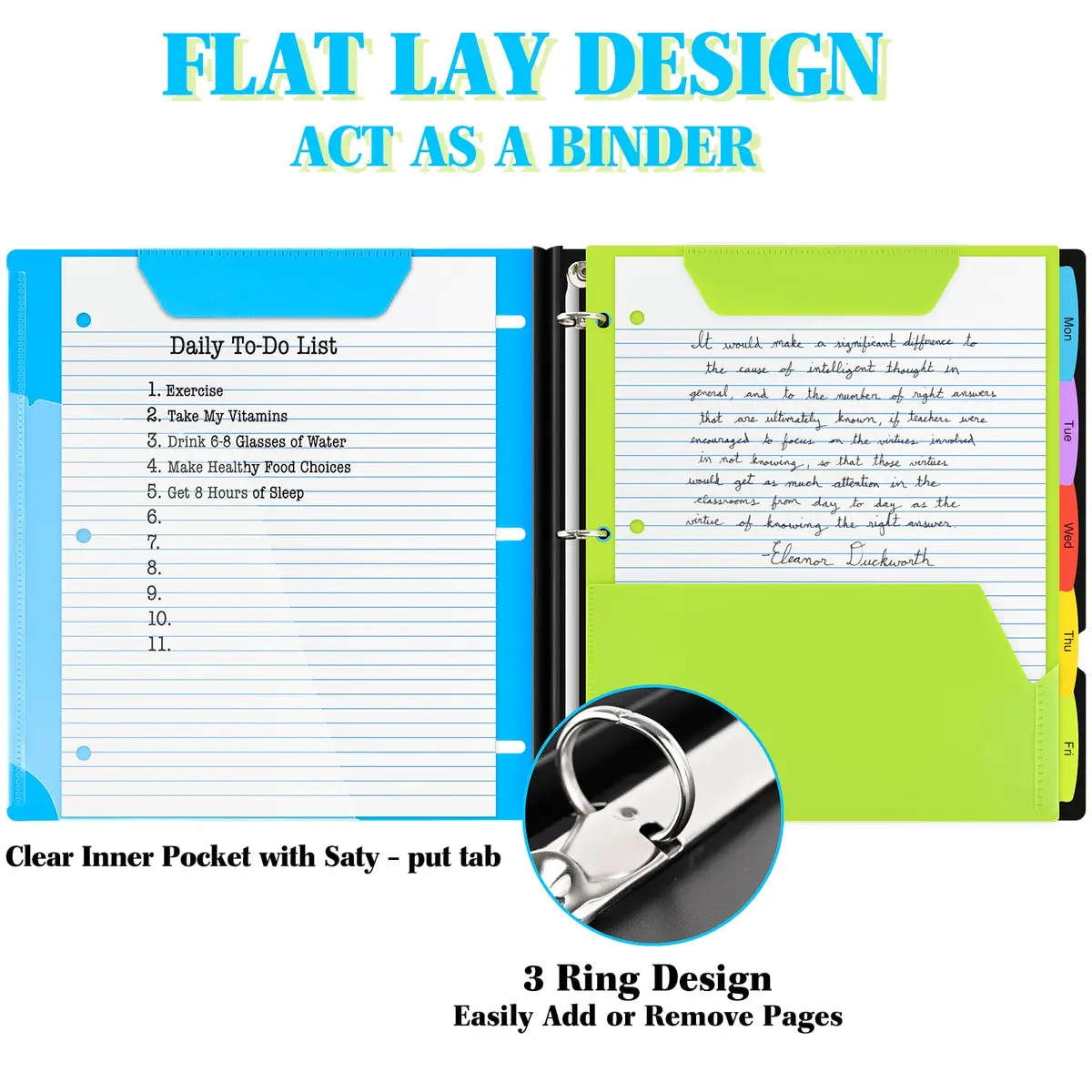 INFUN Telescoping Binder Notebook with 3 Rings, Movable Pocket Folder, Dividers & Paper - Blue (28.98 x 27.23 cm) - view 3