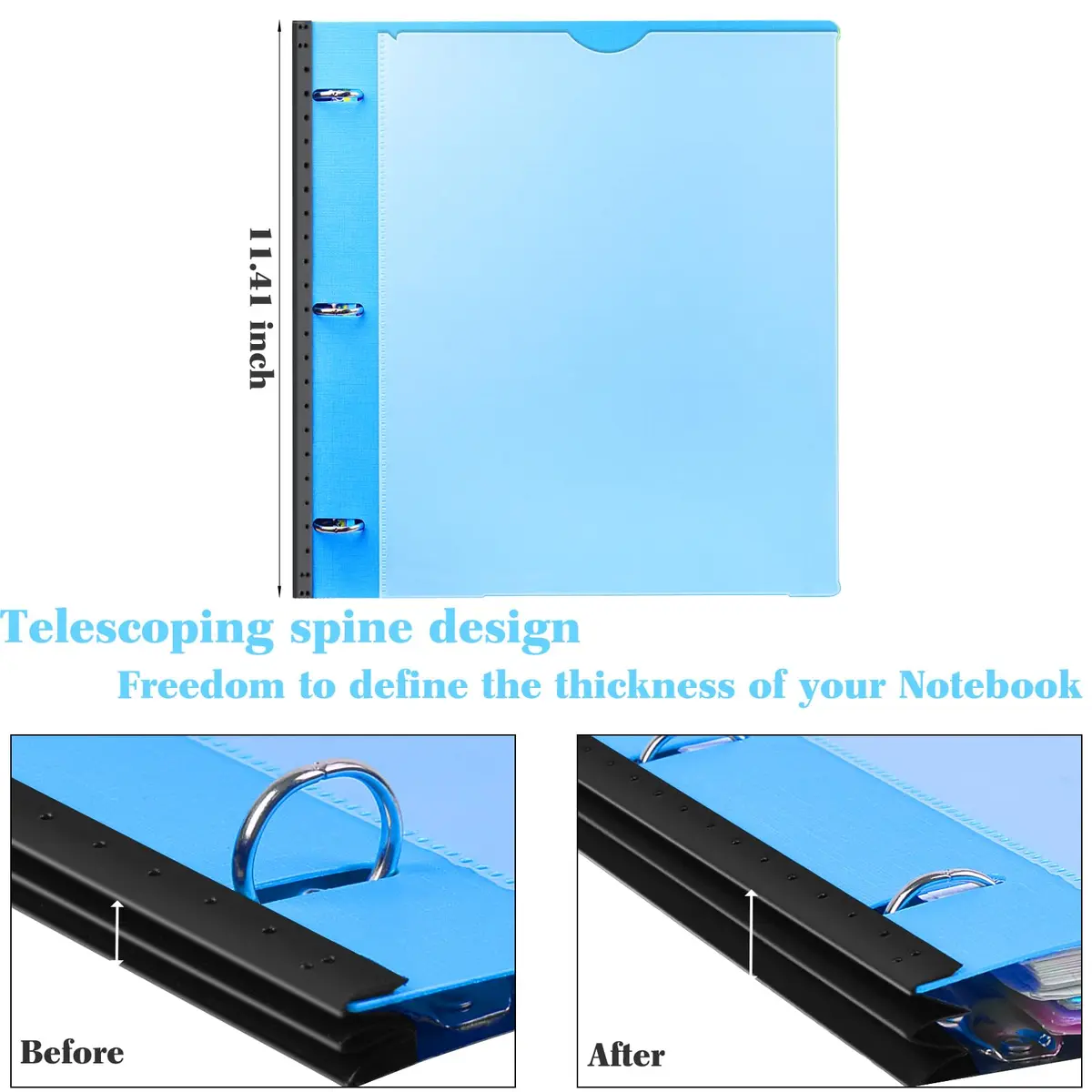 INFUN Telescoping Binder Notebook with 3 Rings, Movable Pocket Folder, Dividers & Paper - Blue (28.98 x 27.23 cm) - view 4