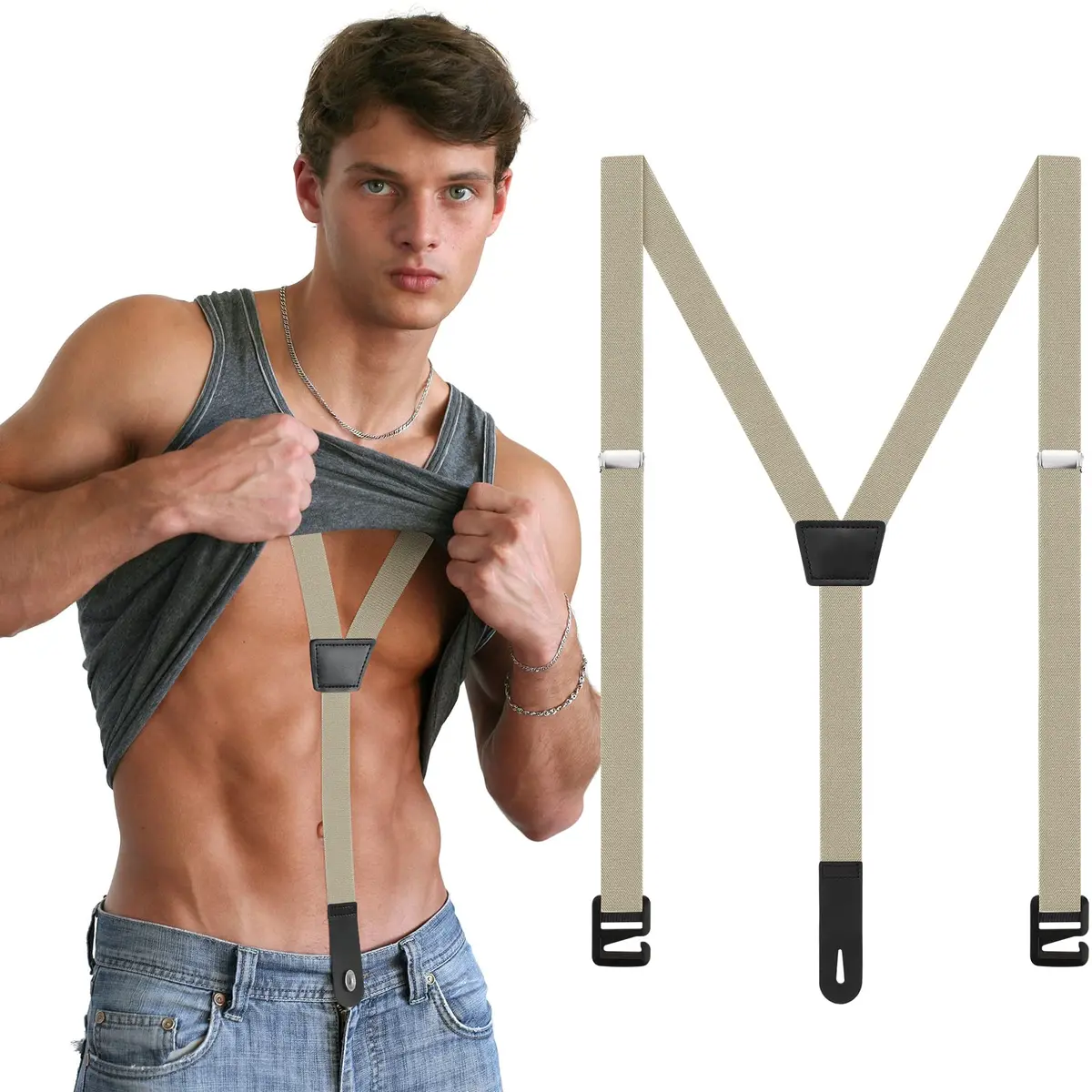 Eurzom Hidden Suspenders for Men Under Clothes Y-Back Beige 2.5cm (1 inch) Width | Airport Friendly Undergarment Use - main product image