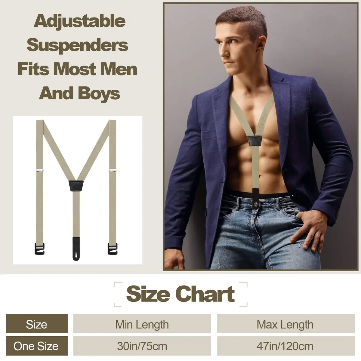 Eurzom Hidden Suspenders for Men Under Clothes Y-Back Beige 2.5cm (1 inch) Width | Airport Friendly Undergarment Use - view 6
