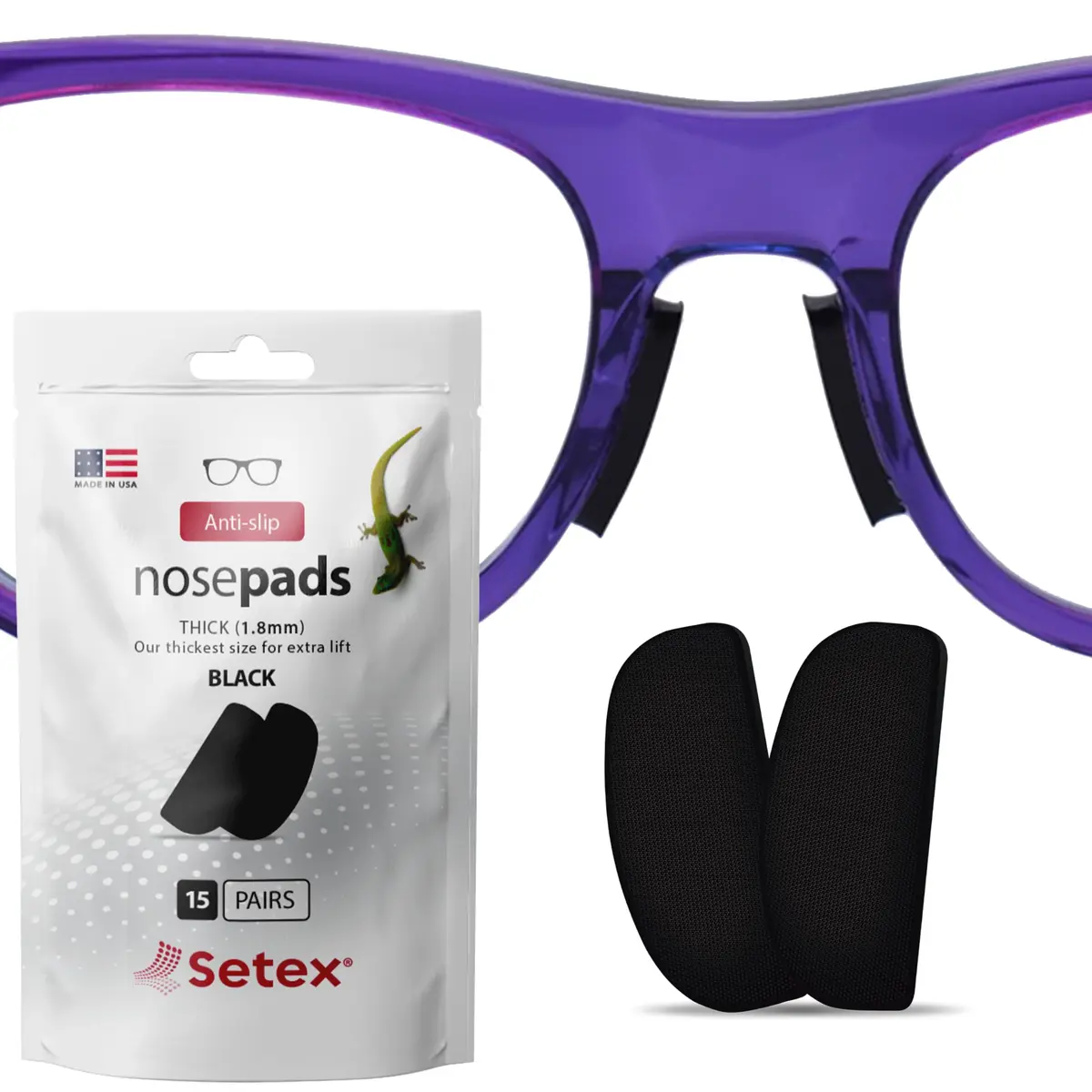 Setex Gecko Grip Thick 1.8mm Anti Slip Nose Pads for Glasses, 15 Pair Black | Dry Adhesive Grip for Sweaty & Oily Skin - main product image
